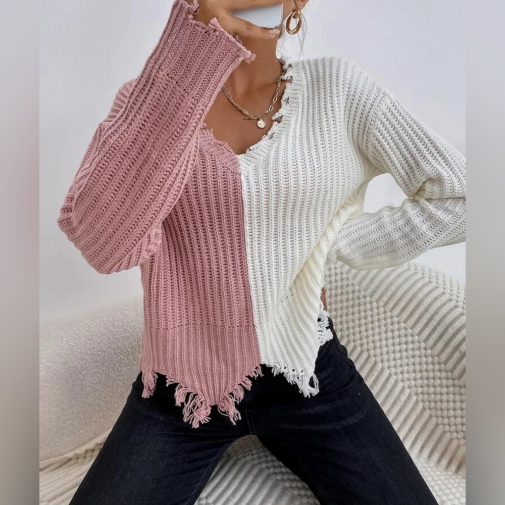 Essnce Two Tone Drop Shoulder Distressed Trim Sweater
